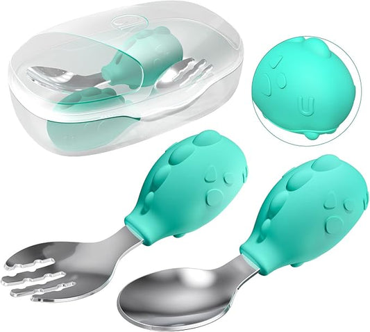 Deejoy Toddler Utensils, Toddler Spoons and Forks, Stainless Steel Spoon Toddler Silverware Set, Kids Silverware Self Feeding Flatware Set with Travel Safe Case for Kids (Green)