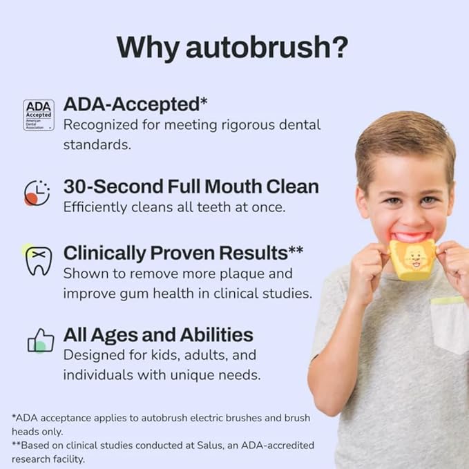 autobrush Kids U Shaped Electric Toothbrush, ADA Accepted, Sonic Pro with Unique 360° Nylon Bristles 3 Cleaning Modes,Whitening LED-Lights,Plays Music (Double-Sided),Ages 9-12, Hippo