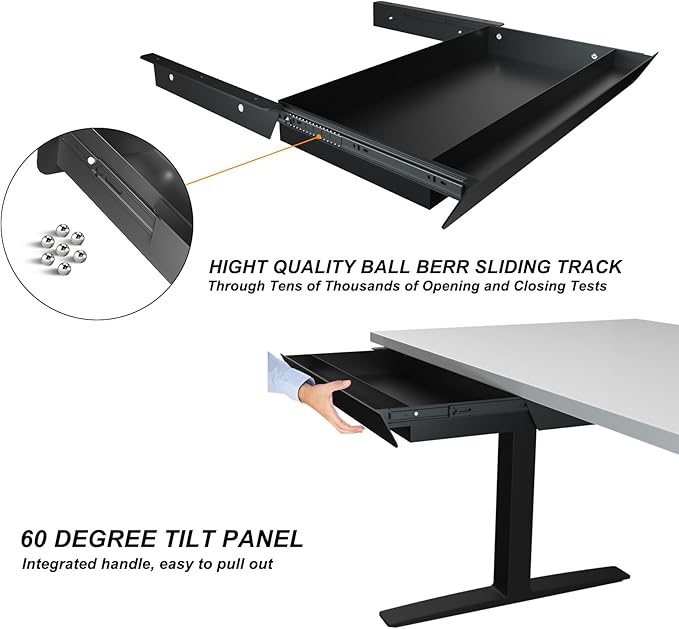 Large Under Desk Mounted Sliding Drawer with Pencil Tray and 60 Degree Tilt Panel to Pull Out, 30'' Long & 13'' deep Large Storage Organizer for Sit Stand Workstation