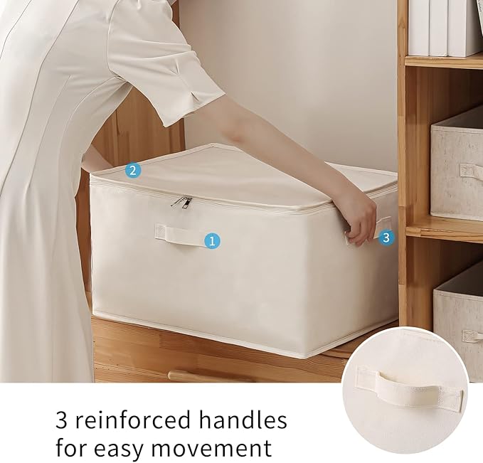 4 Pack Large Canvas Comforter Storage Bags Closet Organizer for Clothes Sweater Clothes Organizer with Dual Zipper Three Carrying Handles for Blanket Closet Storage Container