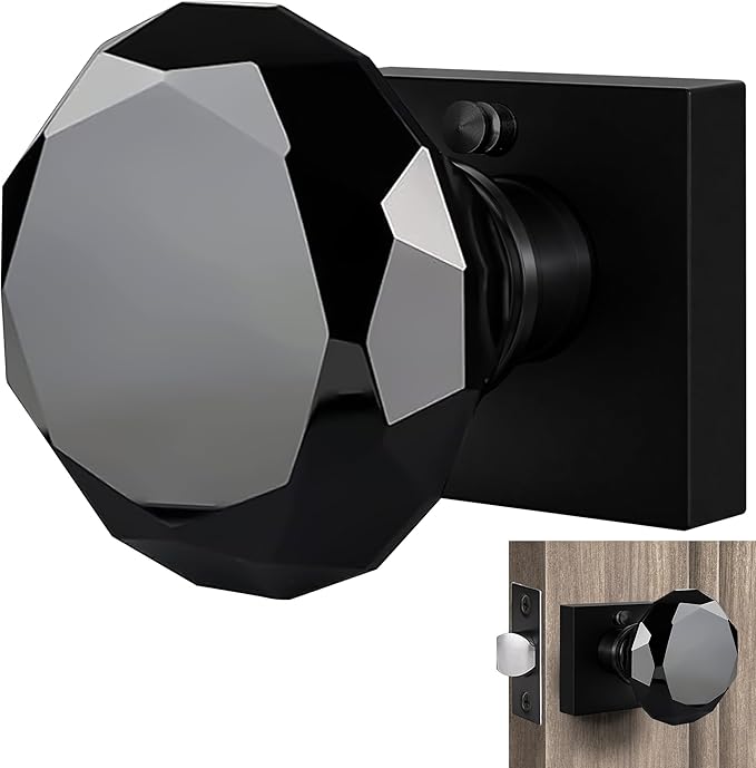 Black Crystal Door Knob with Lock, Square Base, Glass Door Knobs Interior Privacy Set, Vintage Decorative Antique Style Handle for Bedroom, Bathroom, Closet, 1 Pack