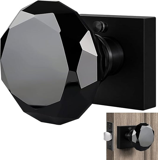 Black Crystal Door Knob with Lock, Square Base, Glass Door Knobs Interior Privacy Set, Vintage Decorative Antique Style Handle for Bedroom, Bathroom, Closet, 1 Pack