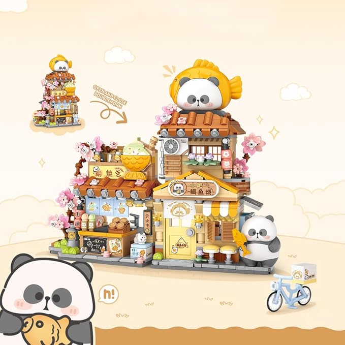 Panda Street Scene Building Kit, Openable Taiyaki Shop Building Set for Boys Girls Age 8+,858pcs Mini Bricks