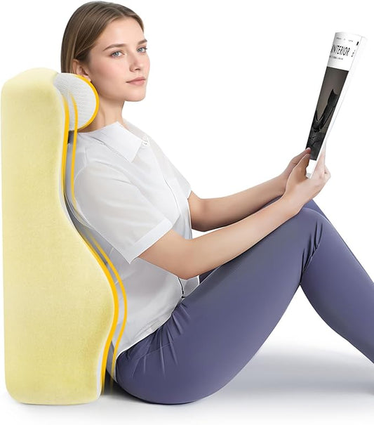 Ergonomic S Curve Reading Pillow for Sitting in Bed Adult- Back Pillow for Bed Sitting up with Adjustable Headrest- Memory Foam,Yellow