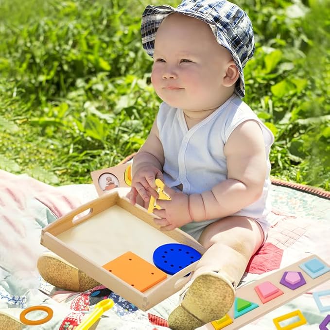 Adena Montessori Play Kit for 22-24 Months Baby,7 in 1 Learning Educational Toys for Toddler,Include Geo Shapes Puzzle,Montessori Cylinder Blocks and More,Christmas Birthday Gift for Boys Girl