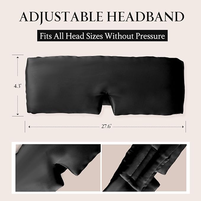 100% Mulberry Silk Sleep Mask, Eye Mask for Deep Sleep and Travel, Soft Breathable Eye Cover with Adjustable Headband (Black)
