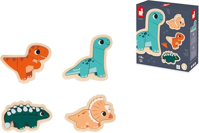 Janod 4 FSC Wood Dinosaur Progressive Puzzles-2 to 5 Pieces-Children’s Toys-Educational Games-Early-Years Toys-18 Months +, J05824, Multicolor