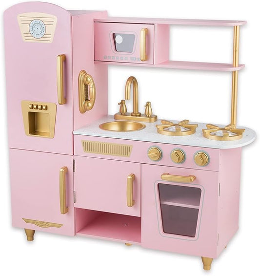 Kitchen Playset for Kids Ages 3-8, Wooden Pretend Play Kitchen, Including Telephone, Ice Maker, Refrigerator, Dimensions: 35” H x 31” W x 12” D (Pink)