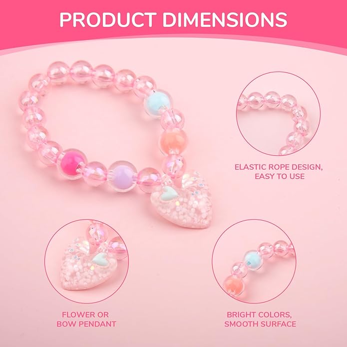5Pcs Bracelets for Girls Kids, Cute Stretchy Bead Bracelets with Floral Bow pendant Little Girl Friendship Bracelets Costume Jewelry Princess Party Favors for Halloween, Christmas