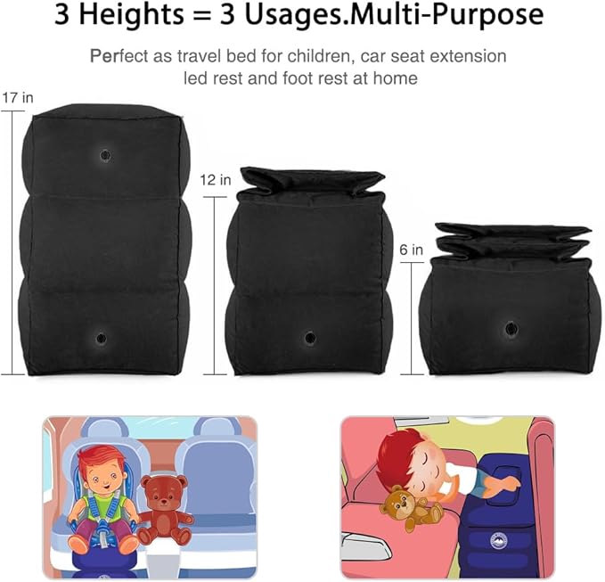 Travel Foot Rest Pillow, Portable Inflatable with Double Hand Pump Adjustable Three Layers Height Pillow for Foot Rest on Airplanes,Cars,Buses,Trains,Office Kids to Sleep on Long Flights (Black 1)
