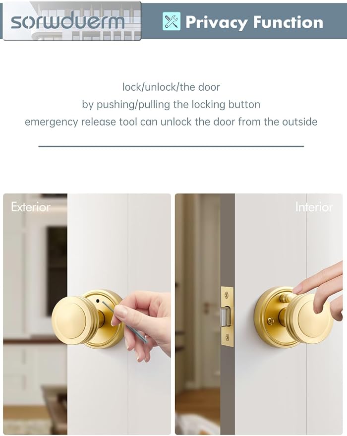 2 Pack Gold Door Knob Privacy Door Knobs Satin Brass Door Handle Interior Brushed Gold Door Knobs with Lock for Bedroom and Bathroom Zinc Alloy