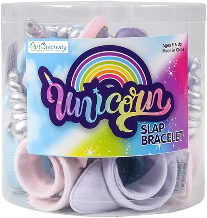 ArtCreativity Plush Unicorn Slap Bracelets for Kids, Set of 12, Cute Slap Bands for Girls with 3D Details, Unicorn Party Favors for Children, Pretty Goodie Bag Fillers, Pink, Purple, and Blue