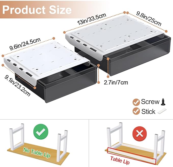 Under Desk Table Drawer Storage Organizer,2 Pack Large & Medium Slide Out Desk Drawers - Hidden Desktop Organizer,Attachable Pencil Storage Tray Under Table(ML)