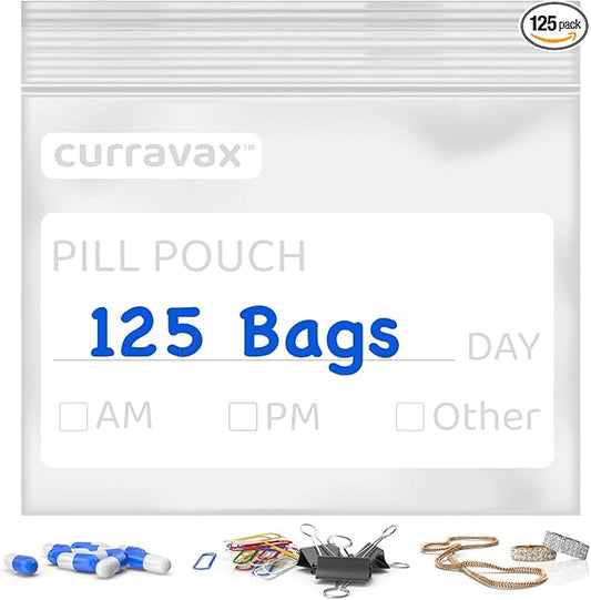 CURRAVAX Pill Pouch Bags for Travel Pack of 125- BPA Free 3 x 2.75 inch Pill Pouch - Pill Pouches for Medicine with Write on Label –Clear Ziplock Pill Baggies for Medicine Organizer