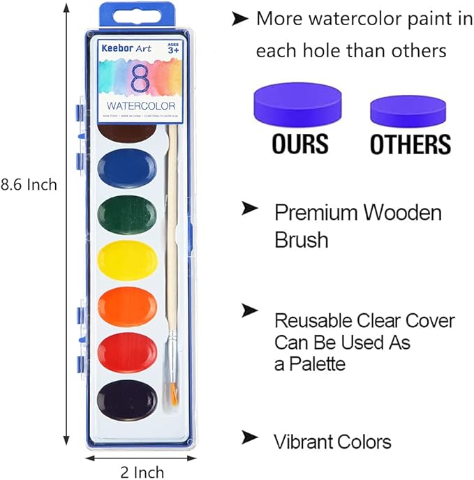 8-Color Watercolor Paint Set for Kids, 36 Pack Washable Watercolors for Party Favors, Gifts, Classroom Supplies (Wood Brushes Included)
