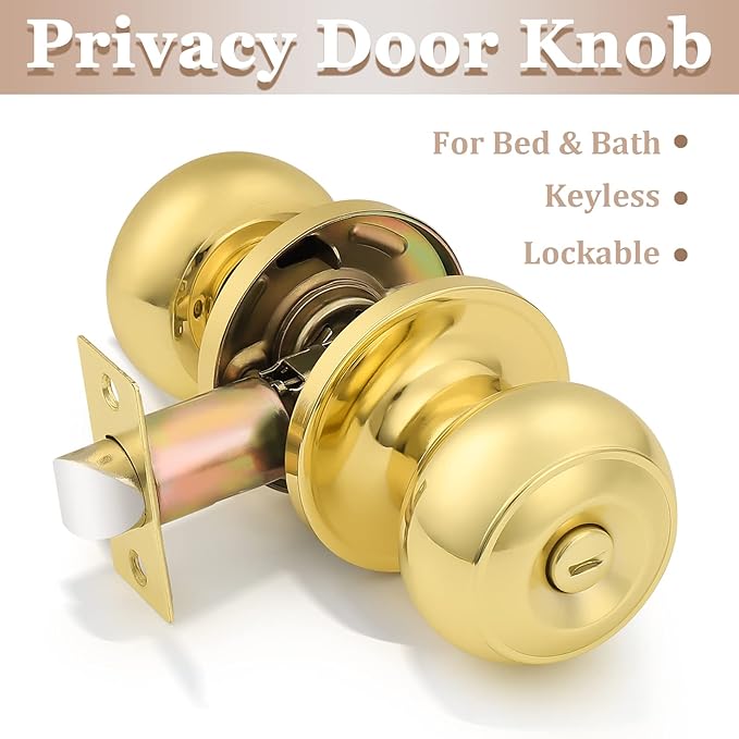 Probrico Privacy Door Knobs Lock Interior Bedroom Bathroom Door Handle Polished Brass Round Ball Keyless Lockset 3 Pack