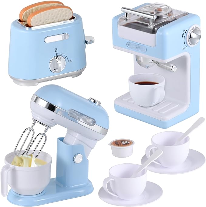 Ehome Play Kitchen Toys Kids Kitchen Accessories Pretend Play Kitchen Appliances Toy Set with Coffee Maker, Mixer, Toaster for Kids Ages 4 5 6 7 8 Girls, Birthday Gifts for Kids, Blue