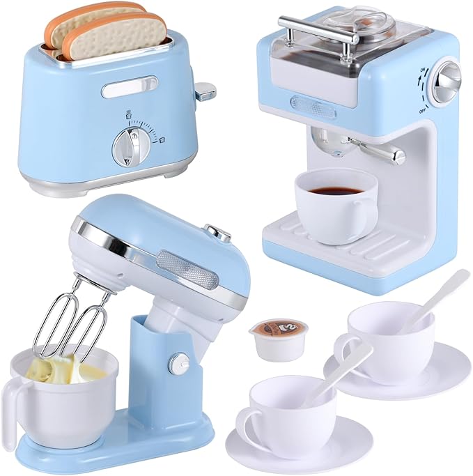 Ehome Play Kitchen Toys Kids Kitchen Accessories Pretend Play Kitchen Appliances Toy Set with Coffee Maker, Mixer, Toaster for Kids Ages 4 5 6 7 8 Girls, Birthday Gifts for Kids, Blue