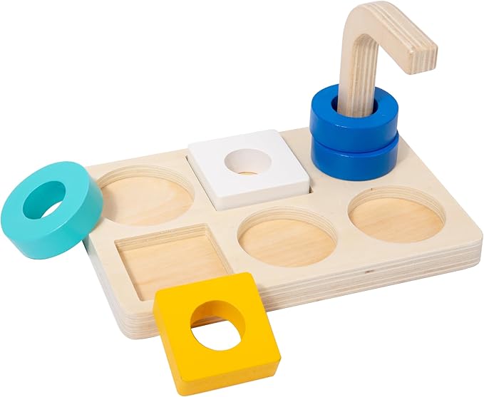 Adena Montessori Wooden Stacking and Sorting Ring,Wooden Rings on Peg,Colorful 5 Shapes on Curved Peg Horizontal Dowel Variation,Fine Motor Skills Development Toys for 1 2 3 Years Old Toddlers