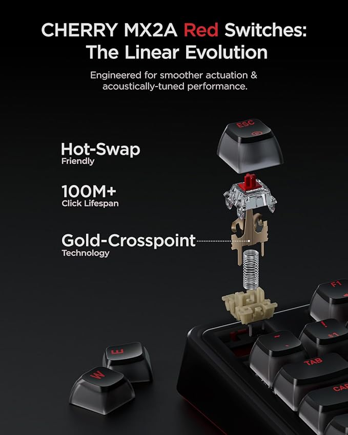 PIXIU 98 Mechanical Gaming Keyboard with Knob, Cherry MX2A Red Switches, 8K Hz Polling, Tri-Mode Gasket Key-Board for PC/Mac/Laptop, Hot Swappable, PBT, RGB Backlit, 95 Keys