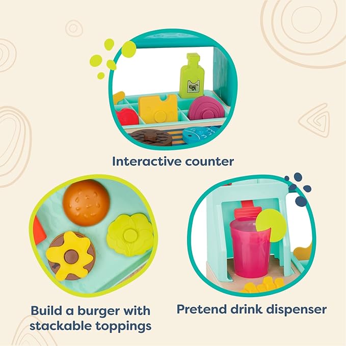 B. toys- Mini Chef - Build-a-Burger Playset- Pretend Play Wooden Burger Play Set – Play Food & Role-Play Accessories – Cooking Toys for Kids- 3 Years +