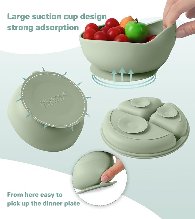 Silicone Baby Feeding Set, 10 Pcs Baby Led Weaning Supplies with Suction Bowl Divided Plate Adjustable Bib Soft Spoon Fork Snack Cup with Lid Drinking Cup, Utensil (Dark Green)