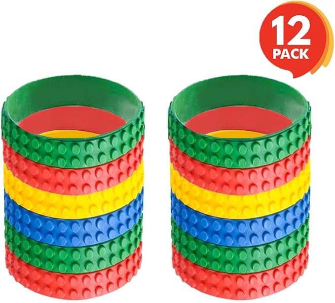 ArtCreativity 7.5 Inch Building Block Bracelets for Kids- 12 Pack- Colorful Stretchy Rubber Wristbands for Boys & Girls- Fun Birthday Party Favors for Children, Goodie Bag Fillers, Carnival Prize