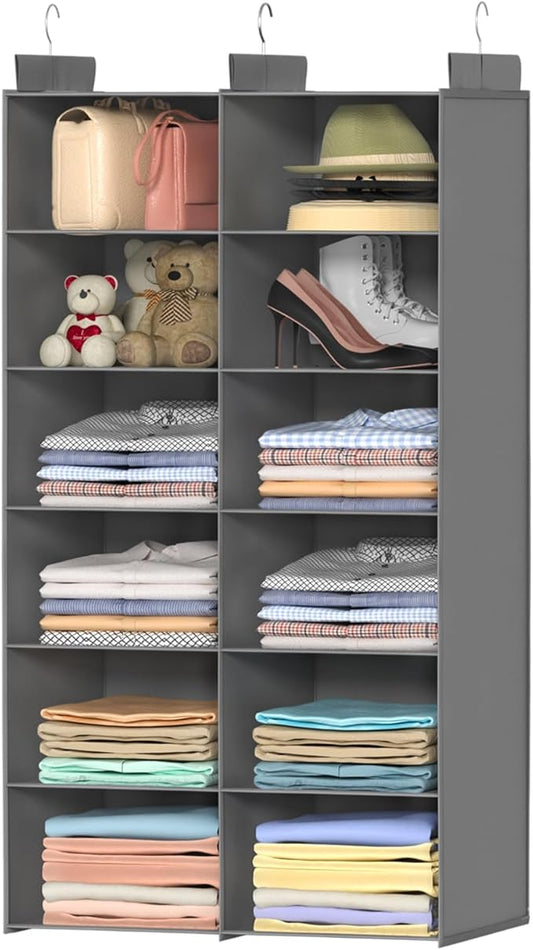 ALLTIDYUP Space-Saving Hanging Closet Storage Organizer – Dual-Row Foldable Shelves with 3 Hooks, 6-Tier Wardrobe Organizer for Dorm, Bedroom, Closet (Grey) | Storage, 12 Pockets, 3 Sturdy Hooks, Dorm Room Essentials