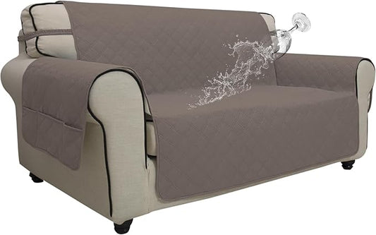 Easy-Going Waterproof Oversized Loveseat Covers Leakproof Couch Cover for 2 Cushion Couch Sofa Cover Washable Sofa Slipcover Non-Slip Furniture Protector with Pocket for Pets (Medium-XL, Taupe)