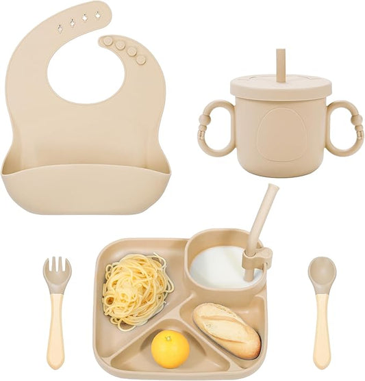 Silicone Baby Feeding Set, Baby Led Weaning Supplies, Silicone Suction Plate, Bowl, Spoons, Fork, Waterproof Bib, Cup and Food Tableware, Eating Utensils Baby Feeding Essentials for 3+ Months