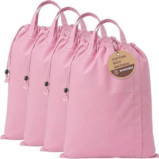 LFH Home Large Premium Cotton Canvas Laundry Bag with Drawstring and Handles Heavy Duty, Multi-Use, Washable for Home, Travel, College or Storage 28x36 (Pack of 4)-Pink