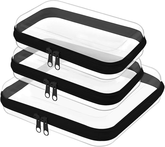 Clear Hard Shell Zipper Case,Clear Toy Storage Pouch,Waterproof Transparent Organizer Comestic Case for Travel, Office, Home (Black, M+2*S)