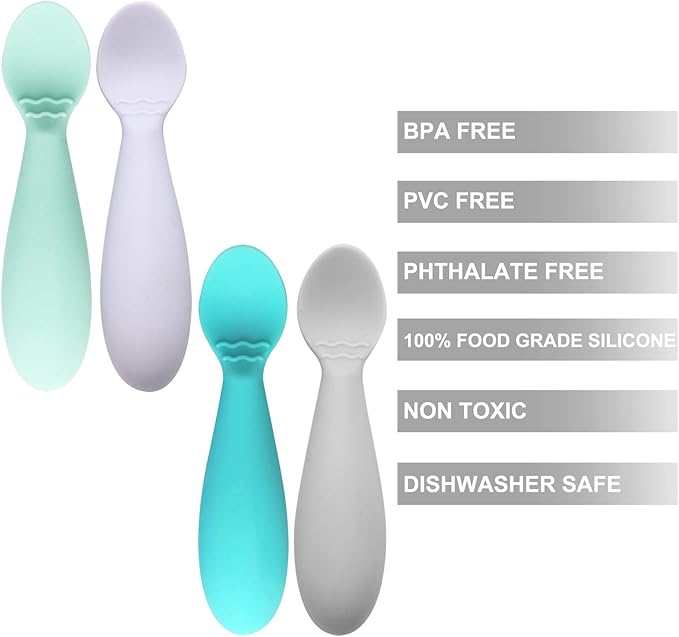 PandaEar Baby Infant Spoons BPA Free, 4-Pack, Soft Silicone, Self Feeding Fat Handle Utensil