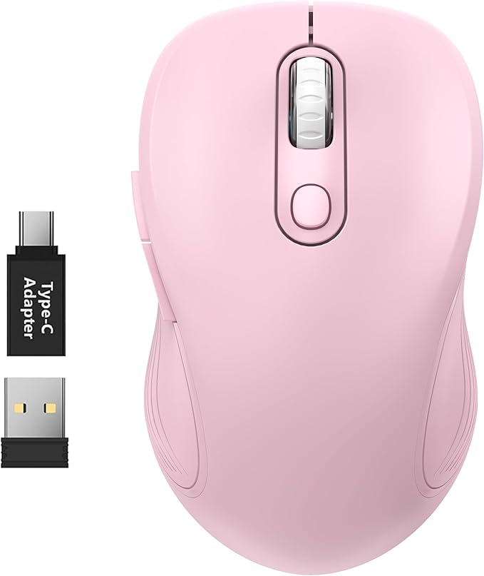 WisFox 2.4G Wireless Mouse for Laptop, Ergonomic Computer Mouse with USB Receiver and Type-C Adapter, 3 Adjustable Levels DPI, 6 Button Cordless Wireless Mice (Blush Pink)