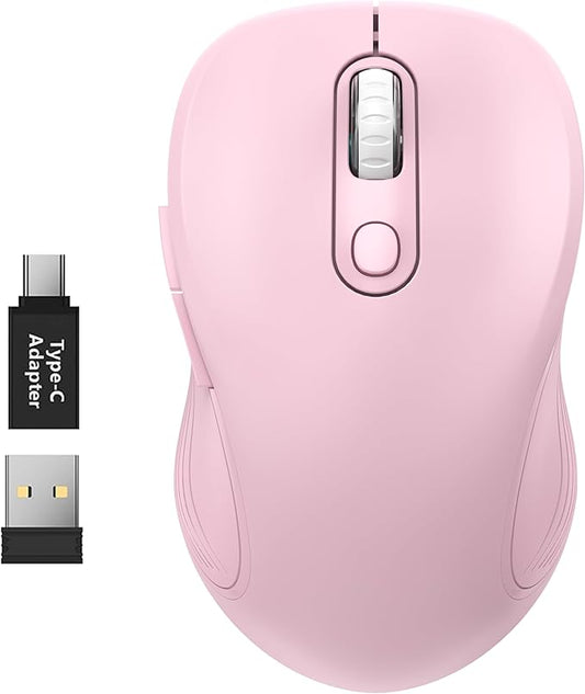 WisFox 2.4G Wireless Mouse for Laptop, Ergonomic Computer Mouse with USB Receiver and Type-C Adapter, 3 Adjustable Levels DPI, 6 Button Cordless Wireless Mice (Blush Pink)