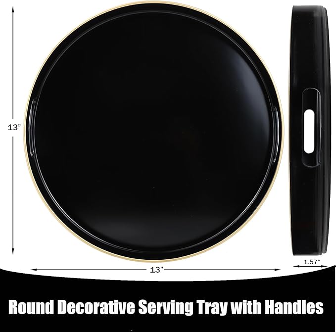 Omuriko Black Round Decorative Tray with Handles, 13" Versatile Serving Tray for Coffee Table, Ottoman, Ideal for Serving, Displaying, Organizing