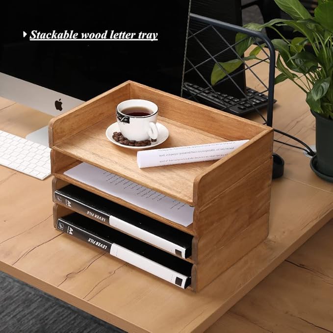 Wood Stackable Paper Trays for Office Supplies and Accessories - Desk Organizer Tray for Letter Document Magazine -Wooden Desktop File Folder Holder Shelf 2 Set Light(2CTP-LT)