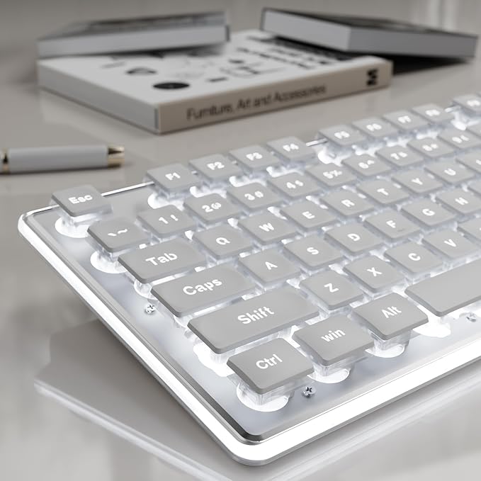 EWEADN GX710S Backlit Computer Keyboards, Wired USB Keyboard with White Backlit, Metal Panel, Plug and Play, Pudding Keycaps Full Size Quite Computer Keyboard for Win/PC/Laptop-White