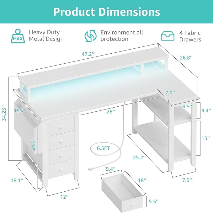 Lufeiya L Shaped Desk with Led Lights and Power Outlets, 47 Inch Writing Study Computer Gaming Desks with Fabric Drawers for Bedroom, Home Office Corner Desk with Monitor Stand Shelves, White