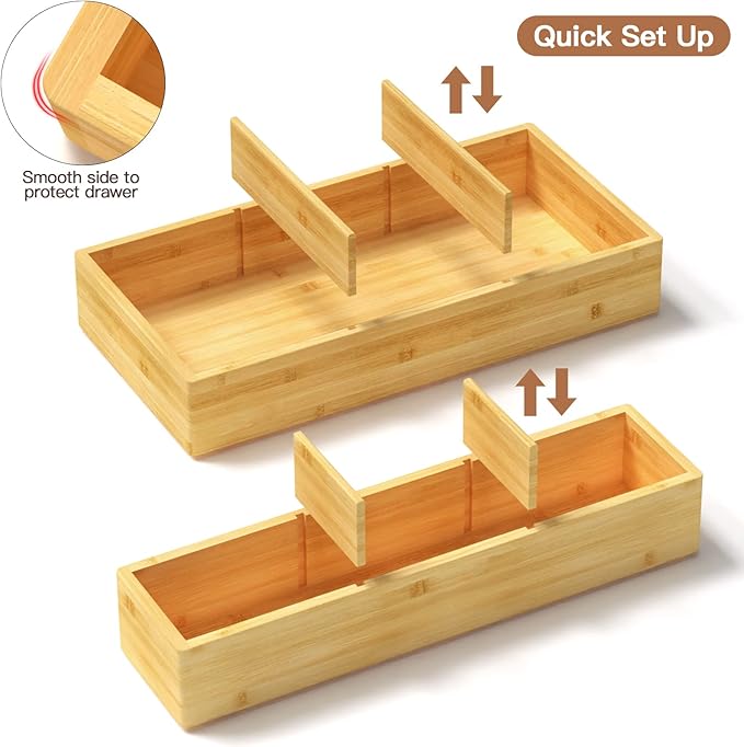 DUJEN 5 pieces Bamboo Drawer Organizer, Adjustable 3 Individual Junk Drawer organizer for Bathroom and Kitchen, Wood Drawer Organier Boxes for Jewellery, Make up and Tea Bag