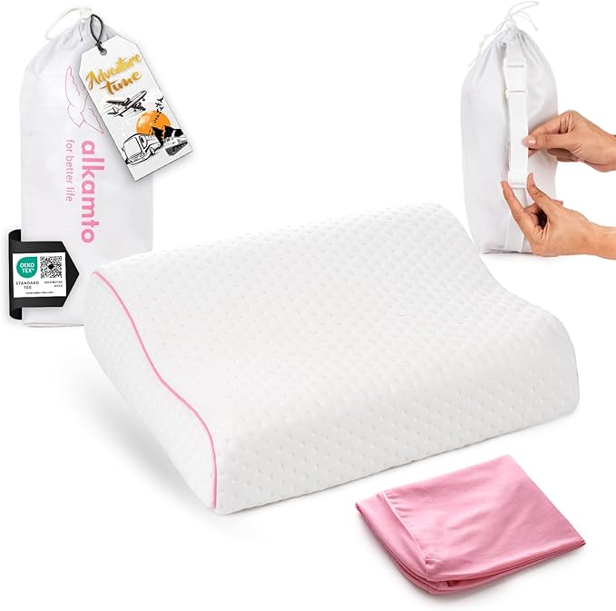 alkamto Travel & Camping Comfortable Memory Foam Pillow – Easy to Carry Portable Bag – Temperature Regulating Pillow Case (Pink Contour + Extra Cover)
