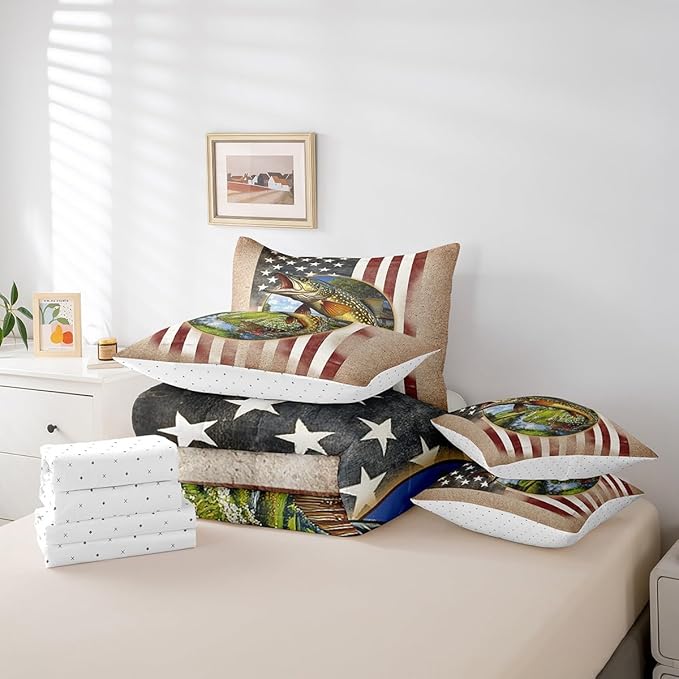 Kids Pike Fish 7 Piece Bedding Set Queen Size Fishing and Hunting Bed in a Bag for Boys Bedroom Decor Bass Big Fish Comforter Set with Sheets,Pillowcases & Pillow Covers Farmhouse Soft