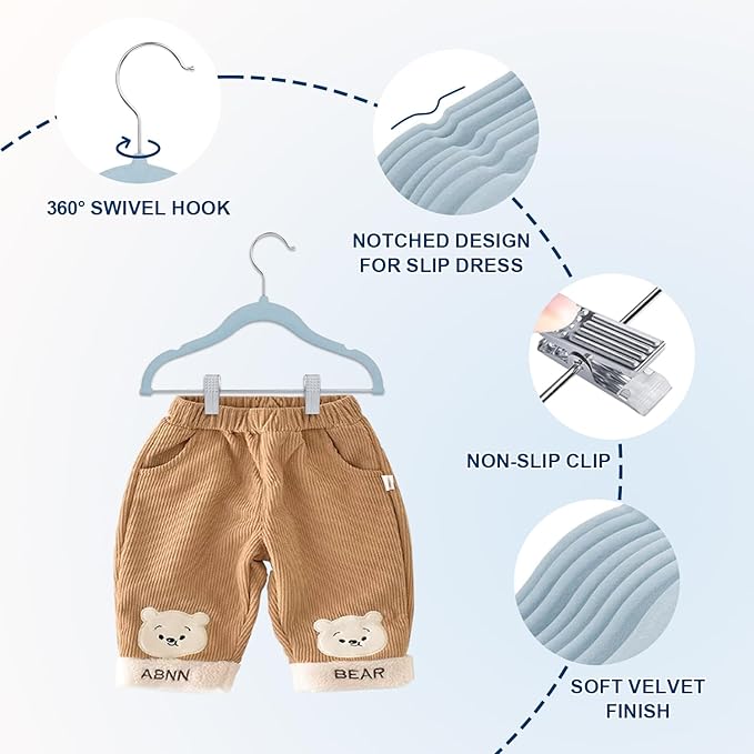 Baby Clothes Hangers with Clips, 24 Packs Kids Velvet Clothes Hangers, Heavy-Duty Childrens Hangers, Storage Organizer Clothing Hangers for Shirts, Pants, Skirts, Dresses, Jackets, Coat Blue