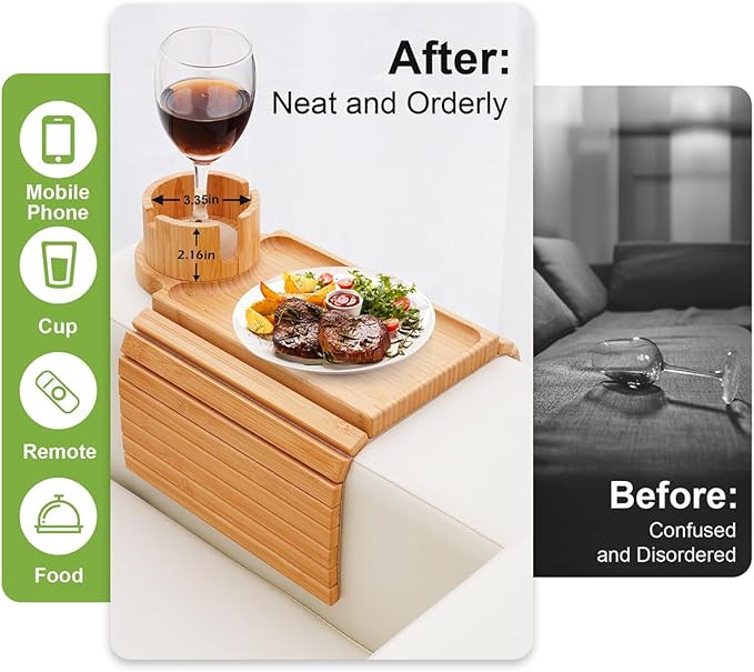 Couch Cup Holder - 3 in 1 Sofa Arm Tray with 360° Rotating Cup Holder & Phone Stand,Arm Chair Rest Table Fits Various of Large Width Couches Armrest,Anti-Slip Foldable Couch Tray for Drinks
