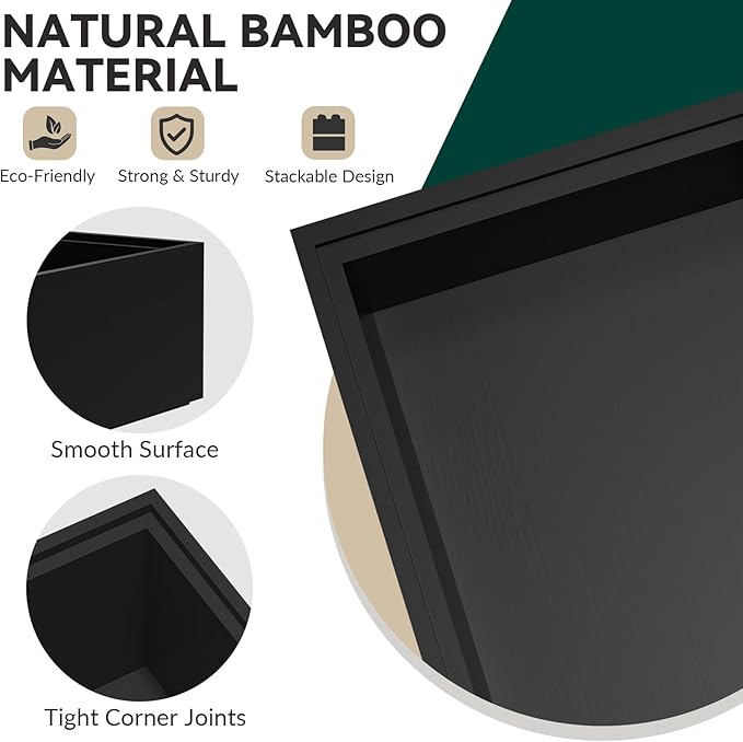 Lixple Bamboo Drawer Organizer, Narrow Silverware Organizer for Kitchen, Stackable Utensil Organizer, 2 Pcs Flatware Organizer, Wooden Storage Box Tray (Black, 12 X 3 X 2 Inch)