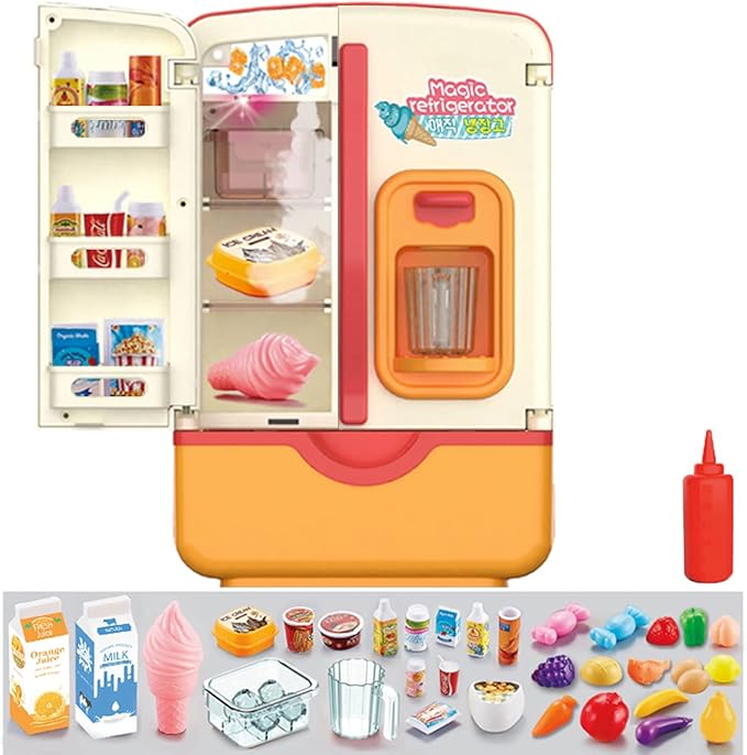 Kitchen Toys Fridge Refrigerator with Ice Dispenser Pretend Play Appliance for Kids, Play Kitchen Set with Kitchen Playset Accessories for Boys & Girls Music and Light