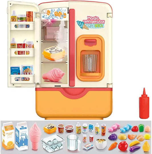 Kitchen Toys Fridge Refrigerator with Ice Dispenser Pretend Play Appliance for Kids, Play Kitchen Set with Kitchen Playset Accessories for Boys & Girls Music and Light
