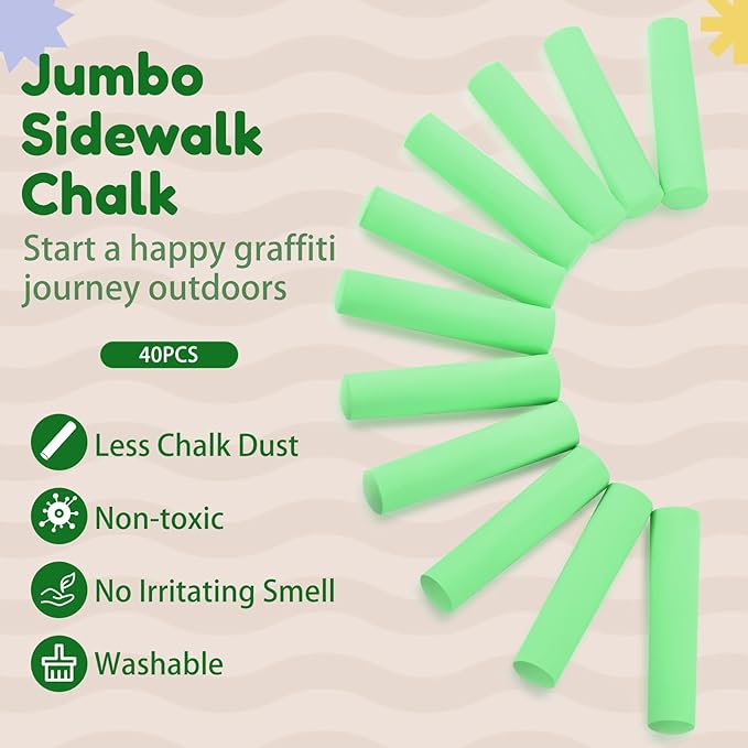 Fulmoon 40 Pcs Jumbo Sidewalk Chalk for Kids Outdoor Art Non Toxic Large Washable Street Chalk for Adults Drawing Painting Graffiti Classroom(Fruit Green,Round Style)