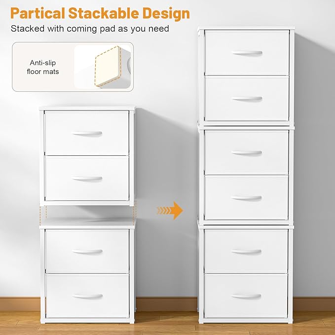 Stackable Storage Drawers, White Closet Organizer with Wooden Top & Metal Frame, Closet Storage Drawers for Clothes, Freestanding or Stackable Dresser for Bedroom, Living Room, Under Bed