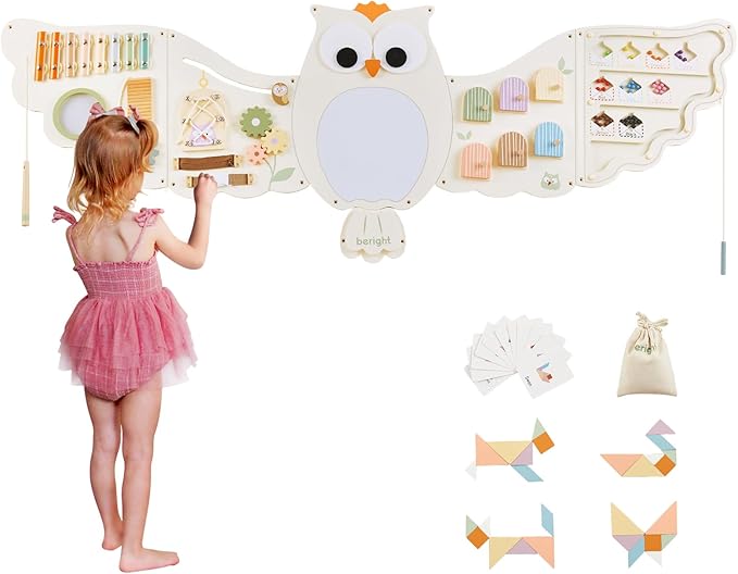 Beright Owl Activity Wall Busy Board Panels, Montessori Sensory Toys, Toddler Learning Activity Center, Perfect for Toddler Playroom & Children's Daycare, White